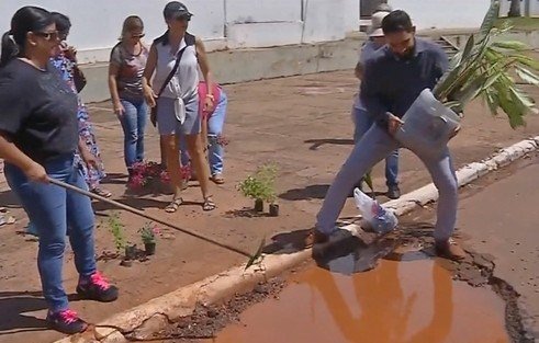 Mulheres plantam flores em buracos de ruas em Rondonópolis